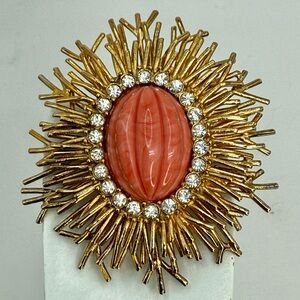 Vintage Joan Rivers Gold Tone Radiant Coral Cabochon Starburst Brooch Rhinestone